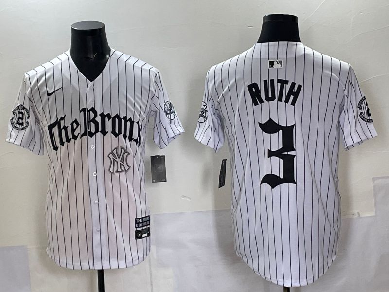Men 2025 New York Yankees #3 Ruth White Stripe Five generations Joint Name Nike MLB Jersey style 010
